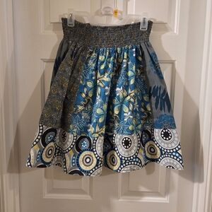 Blue Floral Patchwork Smocked Skater Skirt